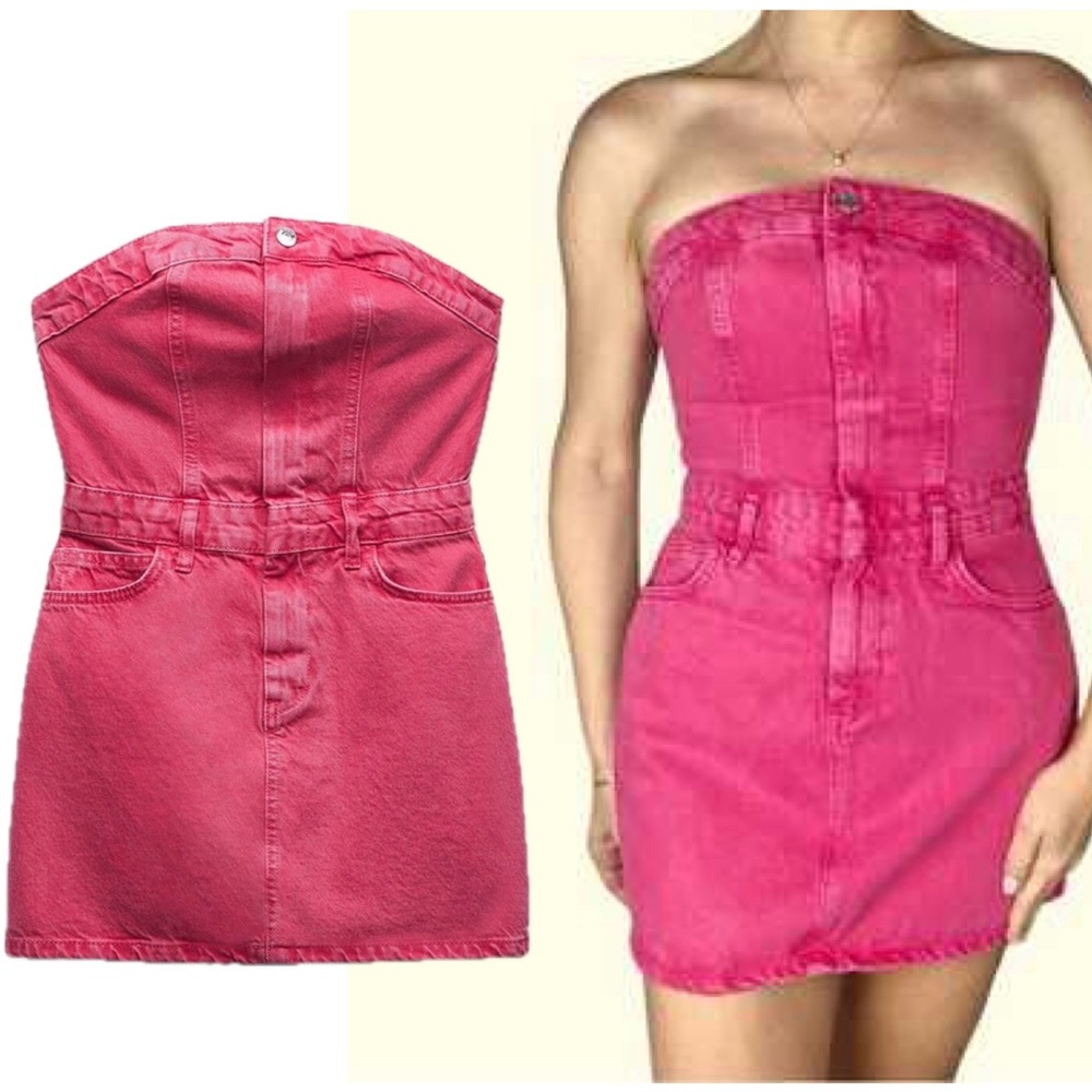 Zara pink denim Jean strapless mini dress Barbie Sz M - Picture 3 of 17
